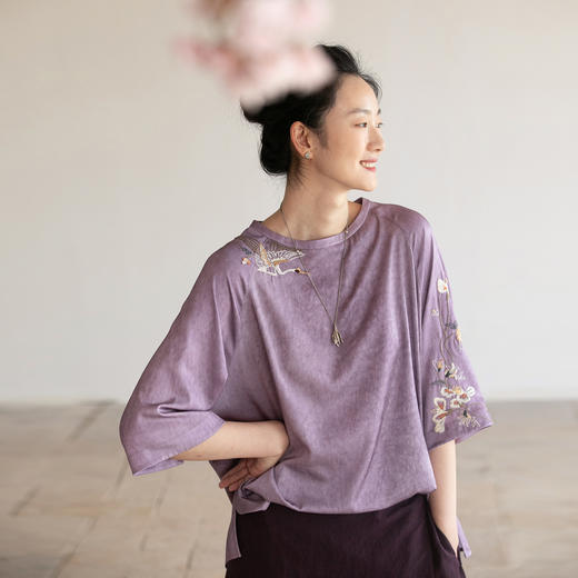 牧衣游原创 刺绣真丝套头衫轻薄七分袖立领复古新中式上衣 非晚 商品图0