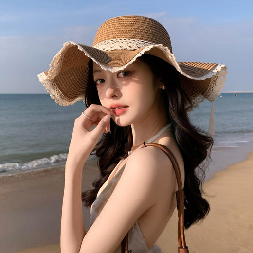 【敲高颜值】法式蕾丝海边沙滩草春夏季帽子女大帽檐遮阳防晒帽户外蝴蝶结太阳。ry 商品图4