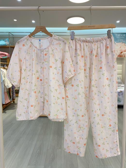 松植屋女款纱布圆领短袖长裤睡衣套装100%纯棉女士双层纱家居服圆领领设计优雅显瘦 商品图1