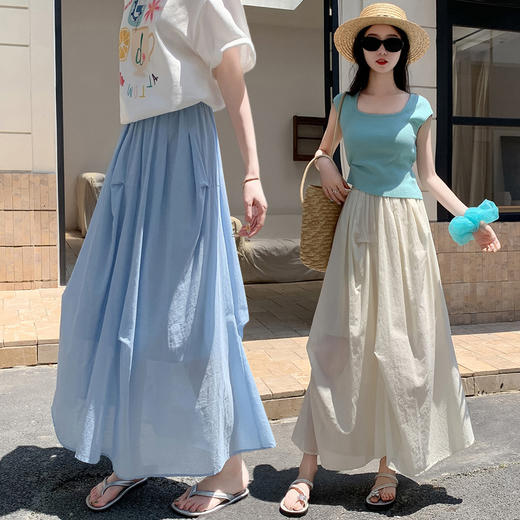 复古不规则半身裙 夏季松紧高腰显瘦休闲百搭垂坠感A字大摆半裙 商品图10