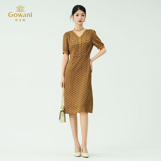 乔万尼新品真丝V领宽松时尚菱格花印花连衣裙ED2E560 商品图3