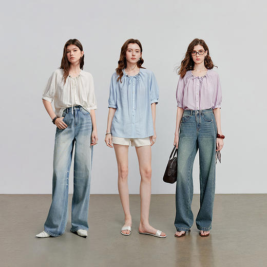 初语亚麻衬衫女民族风串珠圆领宽松衬衣清新上衣 商品图4