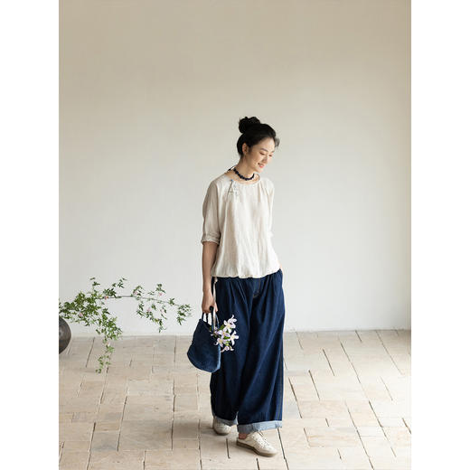 牧衣游原创 进口亚麻手工刺绣炒色套头衫轻薄抽绳七分袖上衣 境禾 商品图2