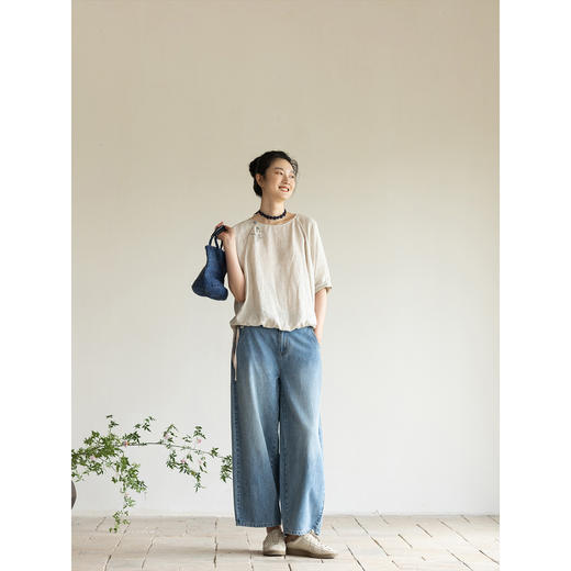 牧衣游原创 牛仔休闲长裤女夏季新款显瘦复古宽松百搭牛仔裤 冷决 商品图2