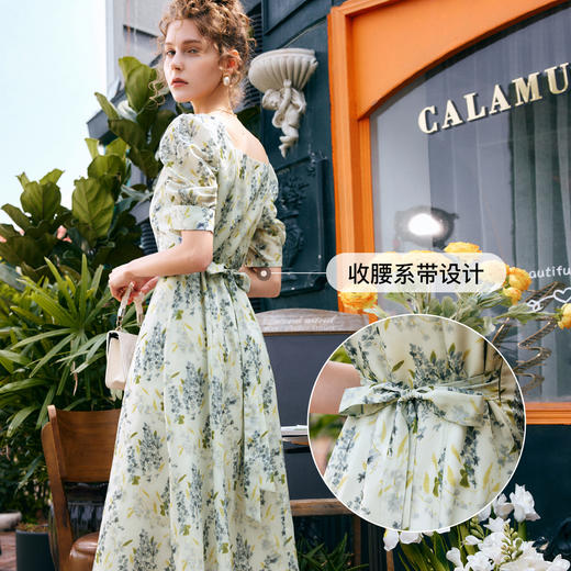 OLrain欧芮儿法式复古方领短袖连衣裙女夏季2025新款气质茶歇长裙 商品图2