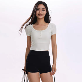 跃牌【倚窗听雨】兰精莫代尔瑜伽服女短款罗纹修身显瘦亨利领上衣运动健身短袖T恤DA100