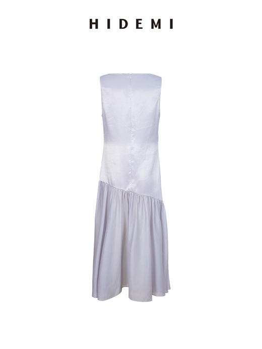 HIDEMI云雾紫极简设计感堆堆领柔光缎面韩国进口纱线不对称剪裁拼接式连衣裙长裙 商品图10