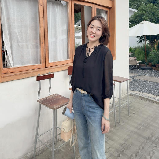 （冷玫瑰升级！）火桐hooton 铂金系列 双向顺纡绉木耳边双层真丝上衣YT3097 商品图0