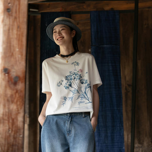 牧衣游原创 定位印花炒色20支纯棉T恤女夏新品休闲百搭短袖 一航 商品图0