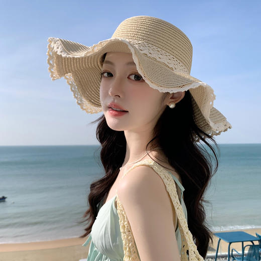 【敲高颜值】法式蕾丝海边沙滩草春夏季帽子女大帽檐遮阳防晒帽户外蝴蝶结太阳。ry 商品图0