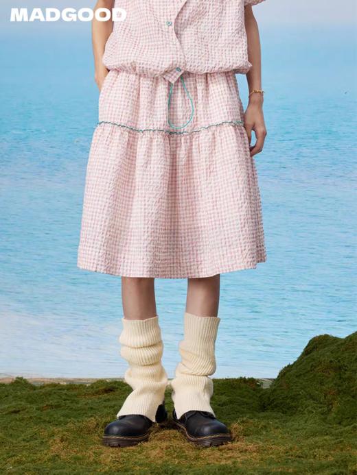 马得工地/MDGDBQ13428/撞色嵌条格纹不规则下摆半裙 商品图1
