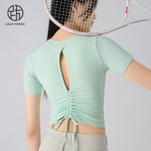 跃牌【小甜心】系列 带胸垫高弹裸感镂空美背健身服抽绳收腰运动上衣626 商品图2