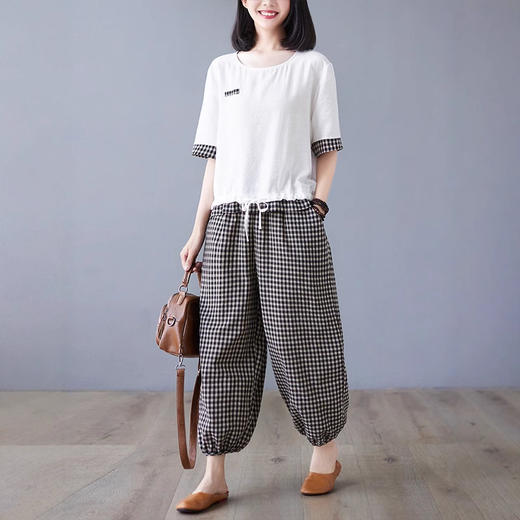 MZ18822中老年女装妈妈夏装棉麻套装2025新款大码短袖上衣夏季格子两件套 商品图1