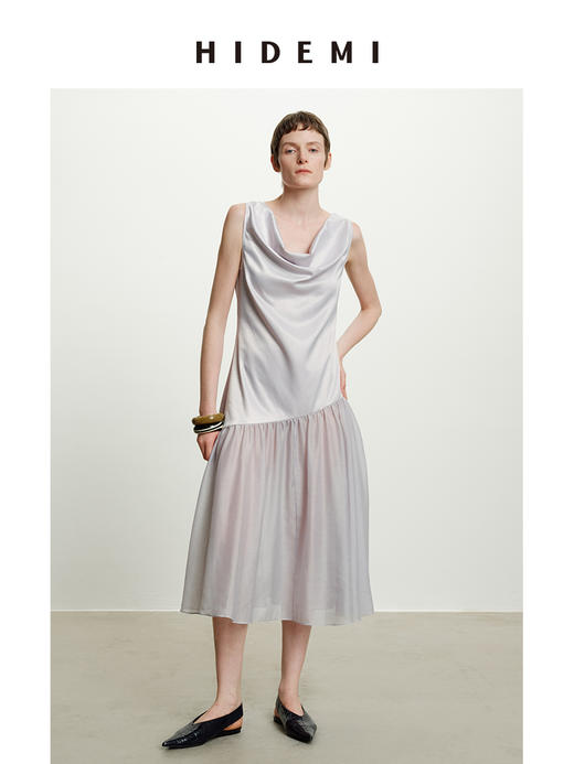 HIDEMI云雾紫极简设计感堆堆领柔光缎面韩国进口纱线不对称剪裁拼接式连衣裙长裙 商品图4