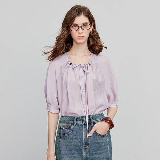 初语亚麻衬衫女民族风串珠圆领宽松衬衣清新上衣 商品图1