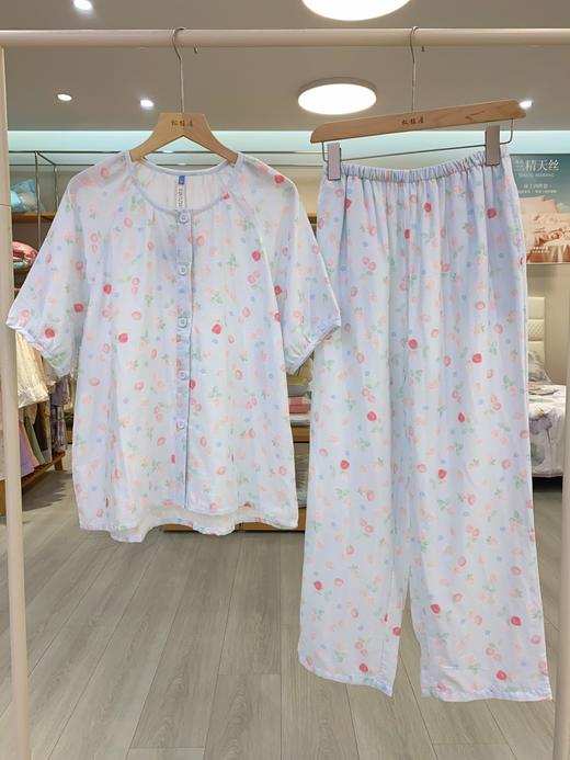 松植屋女款纱布圆领短袖长裤睡衣套装100%纯棉女士双层纱家居服圆领领设计优雅显瘦 商品图6