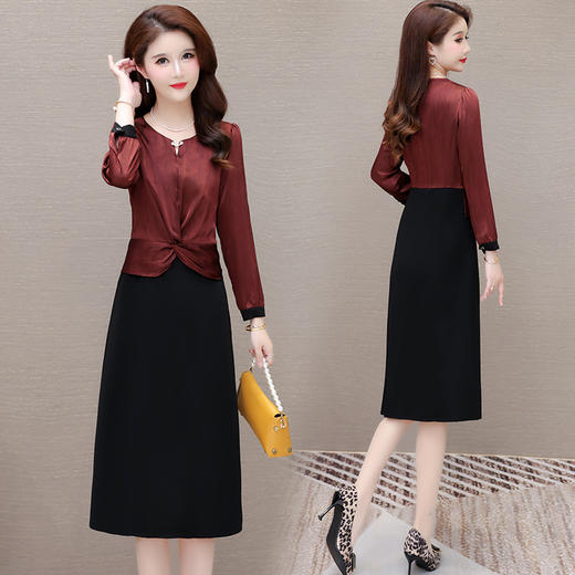 洋气大码假两件连衣裙气质修身中长款QK-YXJY-F182 商品图1