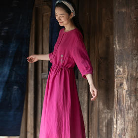 牧衣游原创 汉麻手工刺绣连衣裙宽松轻薄柔软抽绳圆领长裙 无极