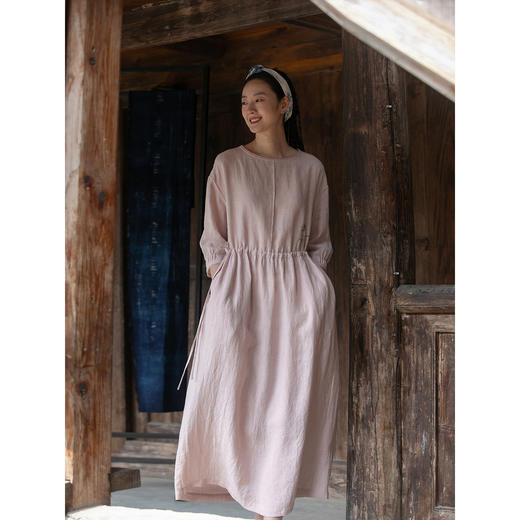 牧衣游原创 汉麻手工刺绣连衣裙宽松轻薄柔软抽绳圆领长裙 无极 商品图2