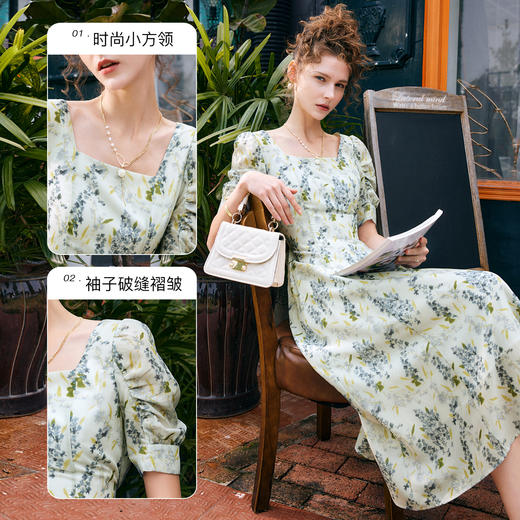 OLrain欧芮儿法式复古方领短袖连衣裙女夏季2025新款气质茶歇长裙 商品图1