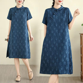 GYH 7592提花百搭简约连衣裙中式改良旗袍复古