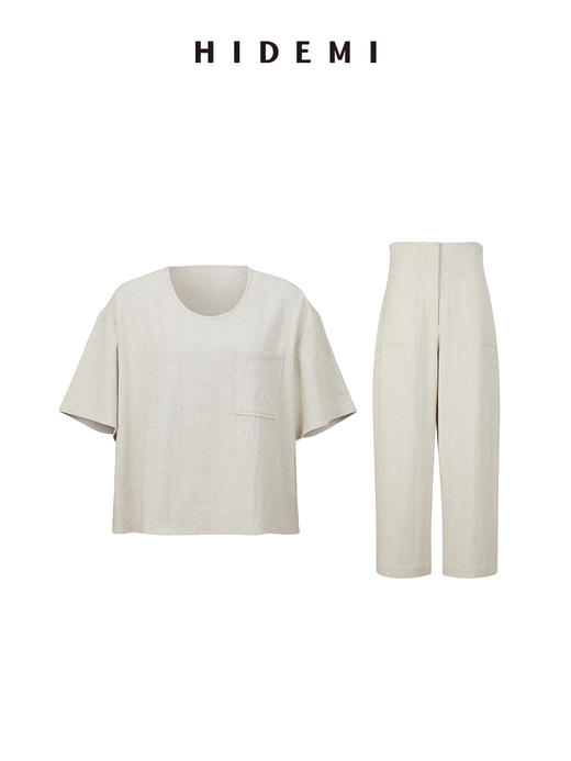 HIDEMI 度假系列水洗艺术肌理感原色亚麻口袋极简套装上衣/茧型裤 商品图11