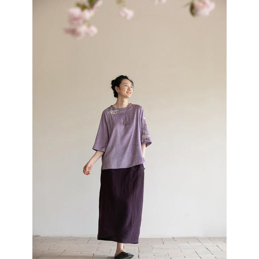 牧衣游原创 刺绣真丝套头衫轻薄七分袖立领复古新中式上衣 非晚 商品图2