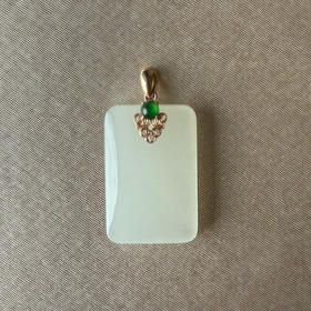 18K金和田玉（白玉）镶钻吊坠--无事牌/方牌14*21mm