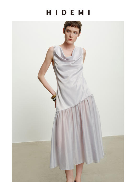 HIDEMI云雾紫极简设计感堆堆领柔光缎面韩国进口纱线不对称剪裁拼接式连衣裙长裙 商品图0