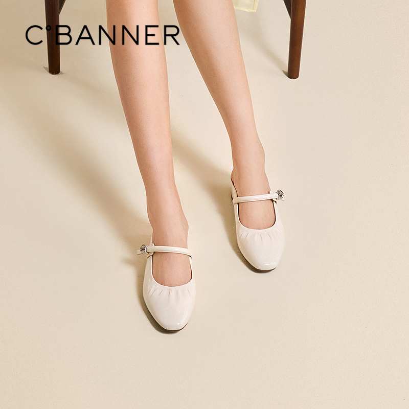 千百度粗跟褶皱真皮包头拖女外穿舒适一脚蹬凉拖鞋A25251719