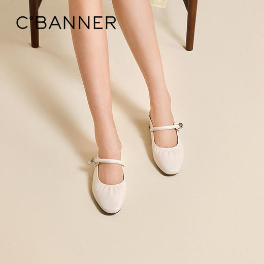 千百度粗跟褶皱真皮包头拖女外穿舒适一脚蹬凉拖鞋A25251719 商品图0