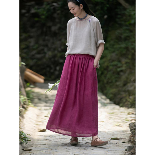 牧衣游原创 进口亚麻半身裙轻薄松紧腰显瘦质朴百搭宽松半裙 净山 商品图2