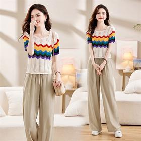 修身显瘦冰丝上衣，时尚棉锦绉休闲裤套装HR-YBER307