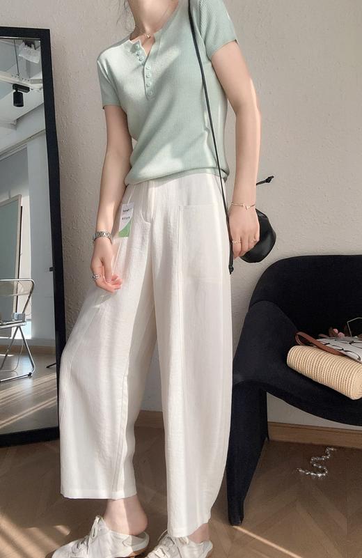 夏日纳凉豌豆裤天丝亚麻松紧腰弧型遮肉九分休闲麻裤 商品图11