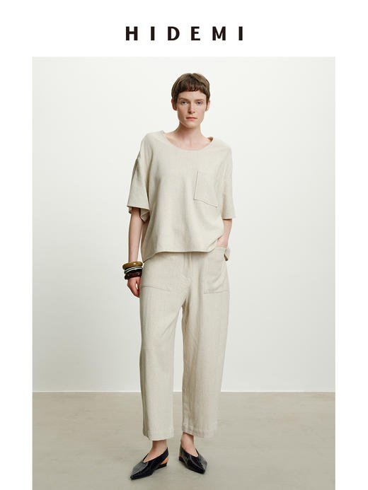HIDEMI 度假系列水洗艺术肌理感原色亚麻口袋极简套装上衣/茧型裤 商品图0