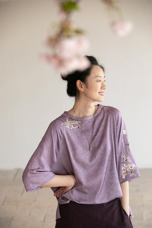 牧衣游原创 刺绣真丝套头衫轻薄七分袖立领复古新中式上衣 非晚 商品图5