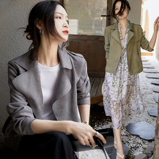 FEIMI春季繁花氛围感仿雪花麂皮绒短款风衣 货号：B2444 商品图6