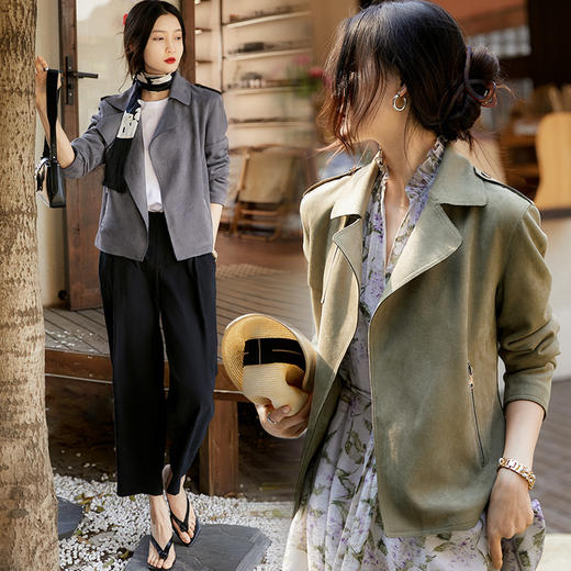 FEIMI春季繁花氛围感仿雪花麂皮绒短款风衣 货号：B2444 商品图3