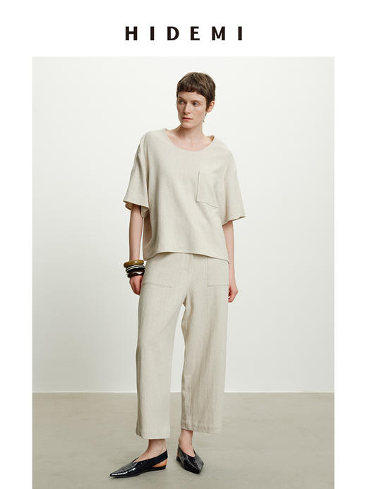 HIDEMI 度假系列水洗艺术肌理感原色亚麻口袋极简套装上衣/茧型裤 商品图6
