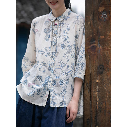 牧衣游原创 印花佰分佰新疆棉衬衫轻薄立领宽松质朴文艺衬衣 菘菘 商品图1