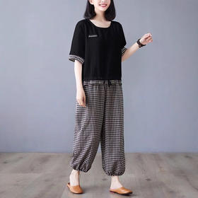 MZ18822中老年女装妈妈夏装棉麻套装2025新款大码短袖上衣夏季格子两件套