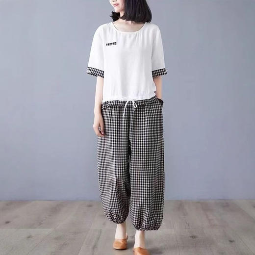 MZ18822中老年女装妈妈夏装棉麻套装2025新款大码短袖上衣夏季格子两件套 商品图3