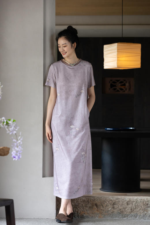 牧衣游原创 印染炒色连衣裙夏新品轻薄宽松复古文艺T恤裙 雪拥檐 商品图5