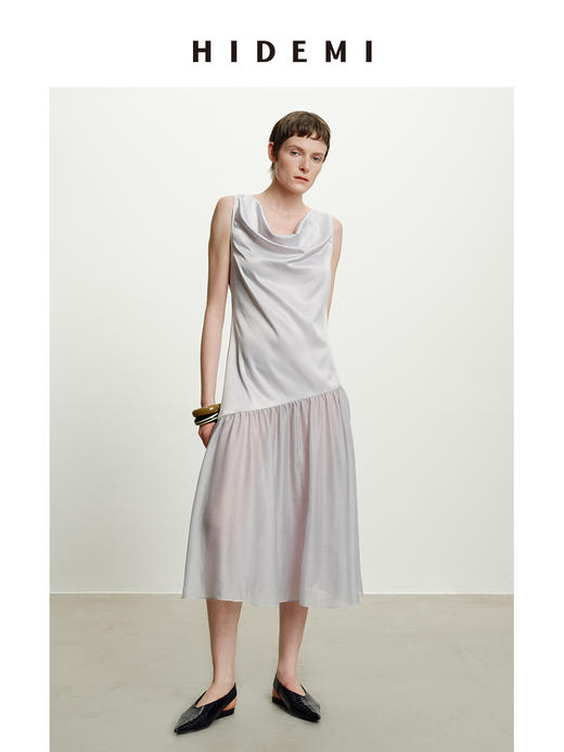 HIDEMI云雾紫极简设计感堆堆领柔光缎面韩国进口纱线不对称剪裁拼接式连衣裙长裙 商品图7
