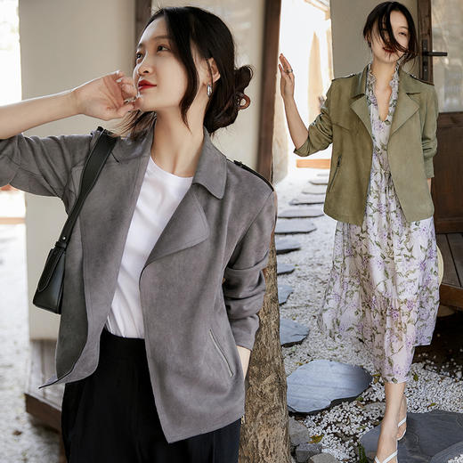 FEIMI春季繁花氛围感仿雪花麂皮绒短款风衣 货号：B2444 商品图1