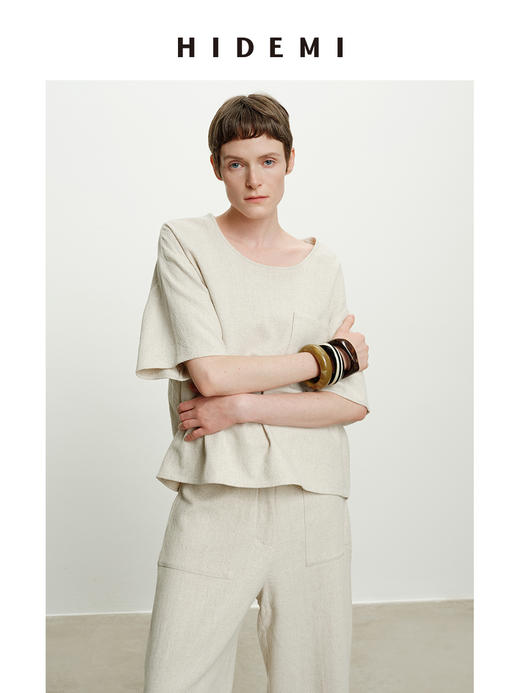 HIDEMI 度假系列水洗艺术肌理感原色亚麻口袋极简套装上衣/茧型裤 商品图7