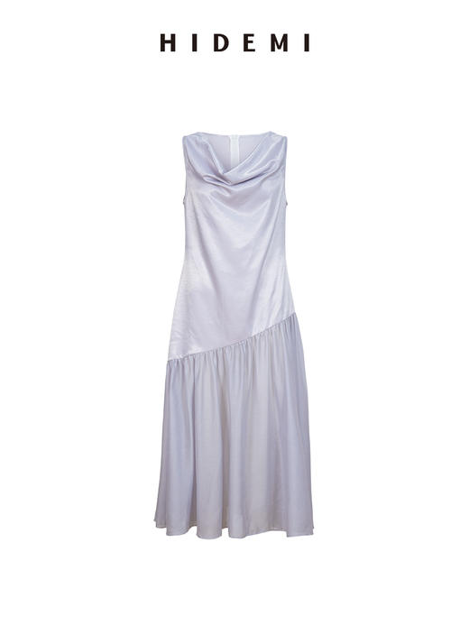 HIDEMI云雾紫极简设计感堆堆领柔光缎面韩国进口纱线不对称剪裁拼接式连衣裙长裙 商品图9