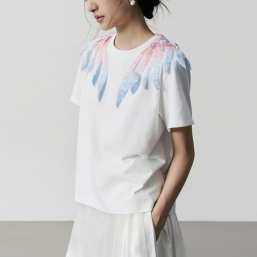 【林栖设计小店】【孟庭苇同款】手工钉珠T恤绣花2025秋季新款渐变上衣女T1953214 商品图1