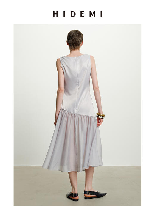 HIDEMI云雾紫极简设计感堆堆领柔光缎面韩国进口纱线不对称剪裁拼接式连衣裙长裙 商品图8