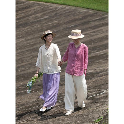 牧衣游原创净色苎麻套头衫新款轻薄清凉V领简约文艺百搭小衫 无疆 商品图1